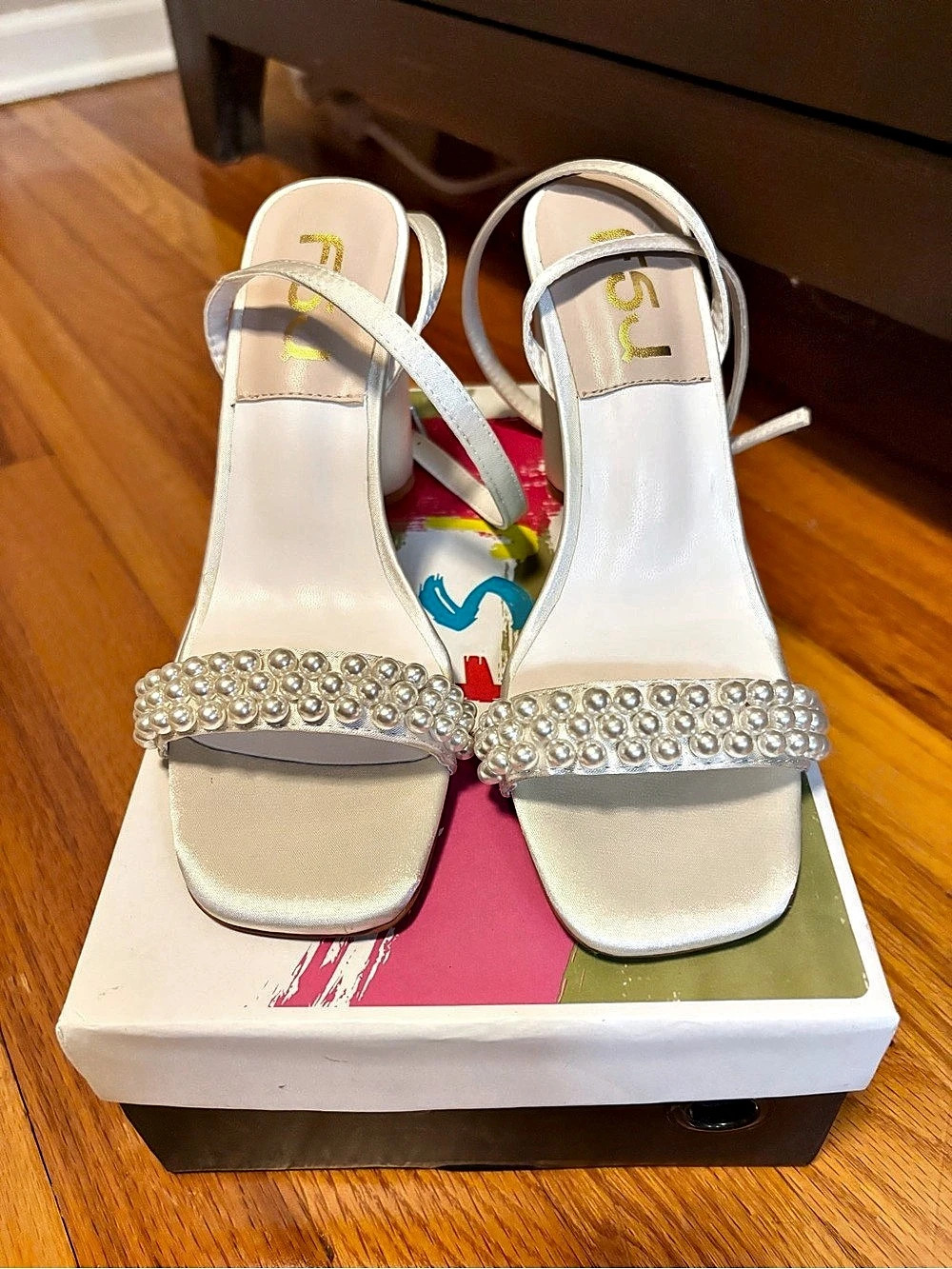 FSJ Bridal White and Pearl Sandals with Ankle Strap, Size 7 (EUC)